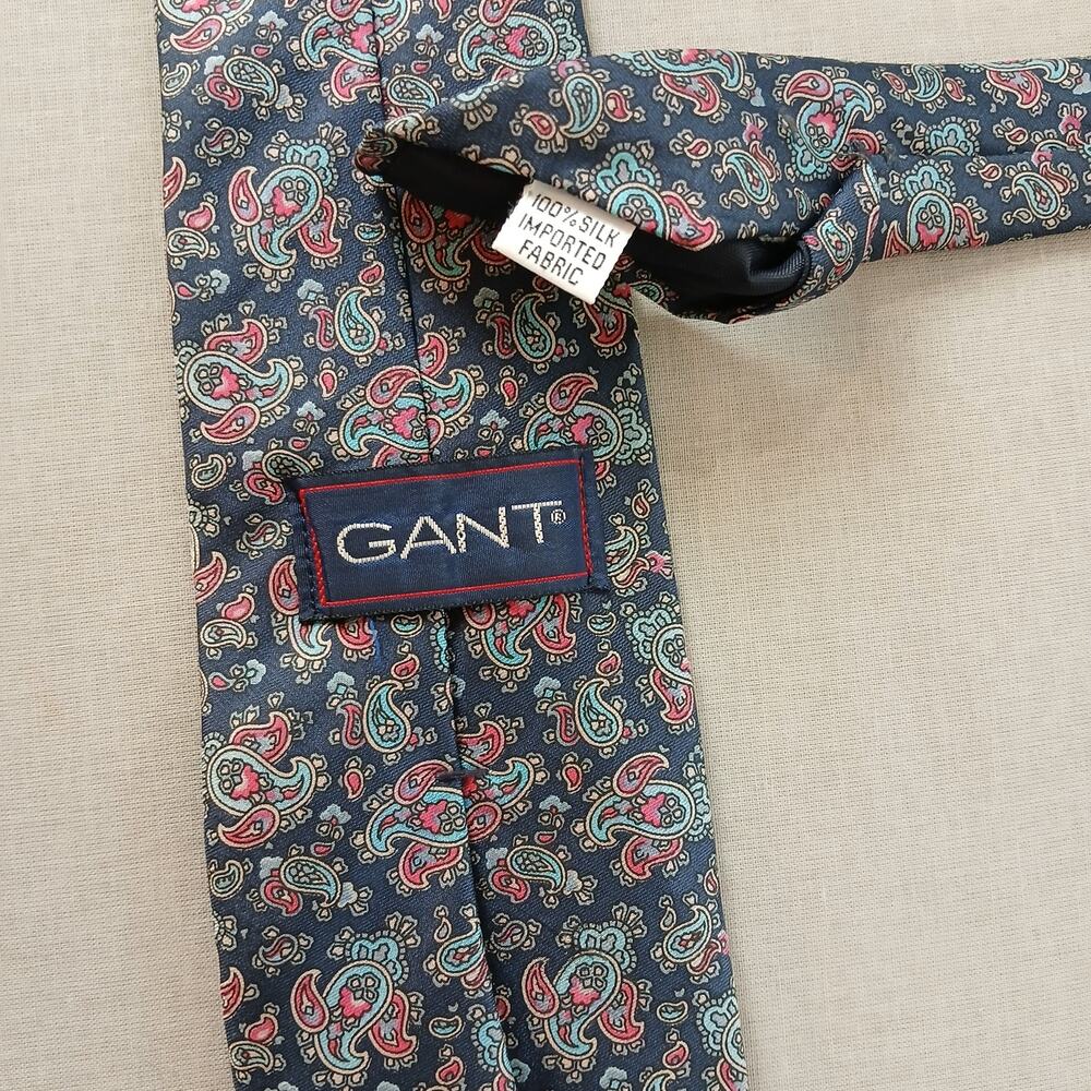 Vintage Gant Blue Paisley Silk Mens Necktie classic 70s 80s red cream retro - Picture 5 of 8